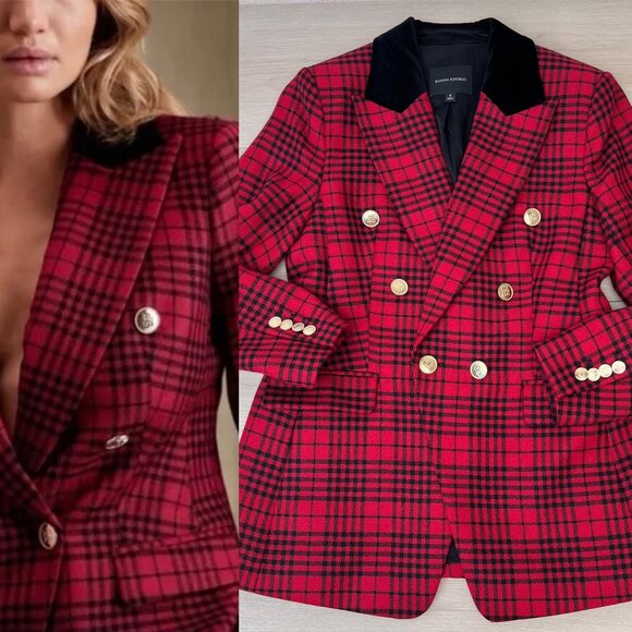 EUC Banana Republic Red Tartan Plaid Wool Sculptured Captain's Blazer (6) Preppy - Picture 1 of 15